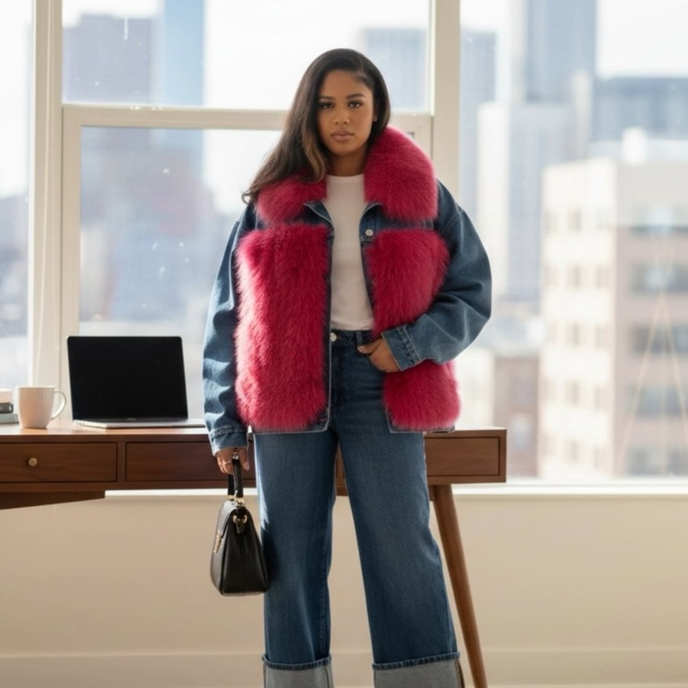 Stylish Denim Jacket with Pink Genuine Fox Fur